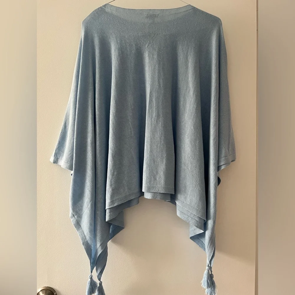 J. Jill Linen-Blend Light Blue Tassel Hem Poncho Top One Size Flowy Boho